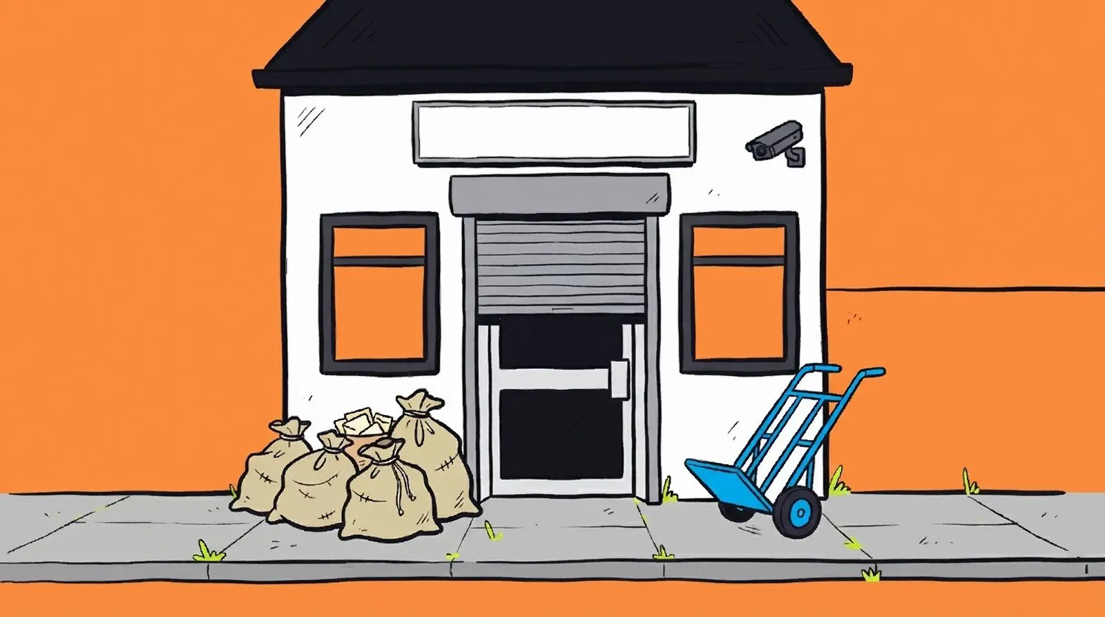 A small post office with its shutter half down and sacks of letters waiting outside.