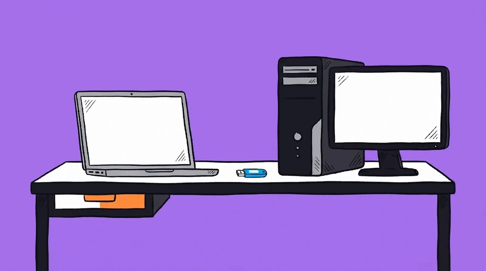 A silver laptop and a desktop tower with a USB stick lying between them.