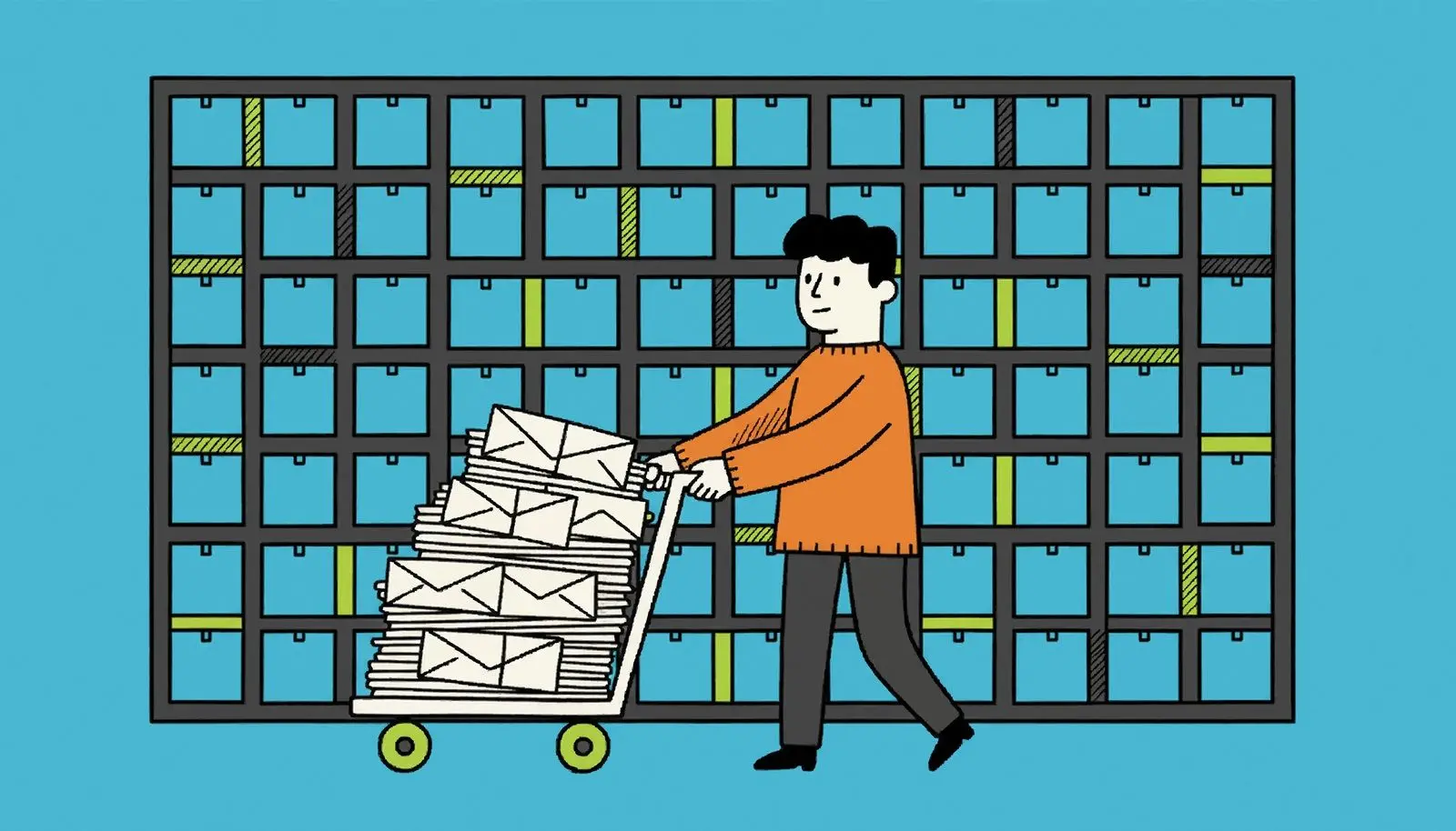 A wall of empty pigeonholes in an office and a cart of bundled old letters in front of it.