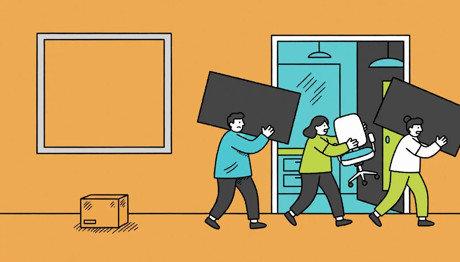Office workers carrying their desks into a new building while one archive box stays behind.