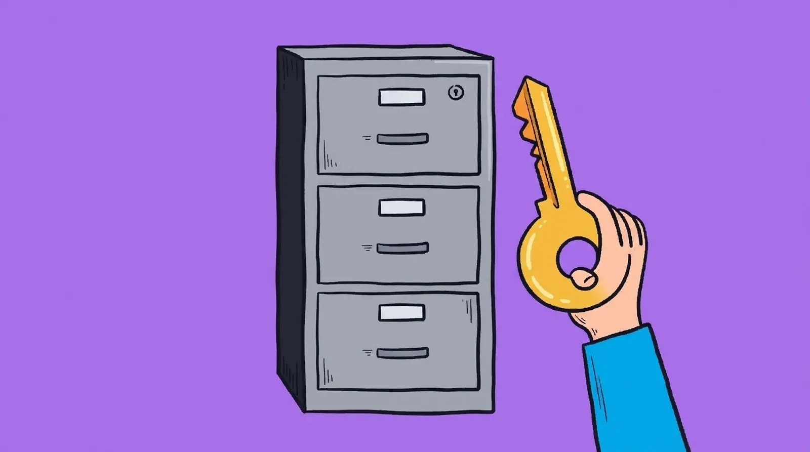 A locked filing drawer and a hand holding a new key that does not fit.