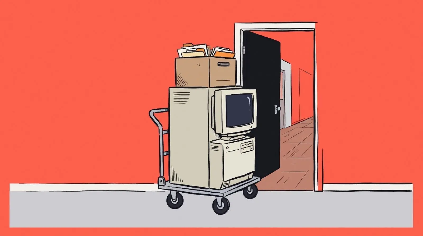 An old tower PC on a cart by the door with a storage box of folders on top.