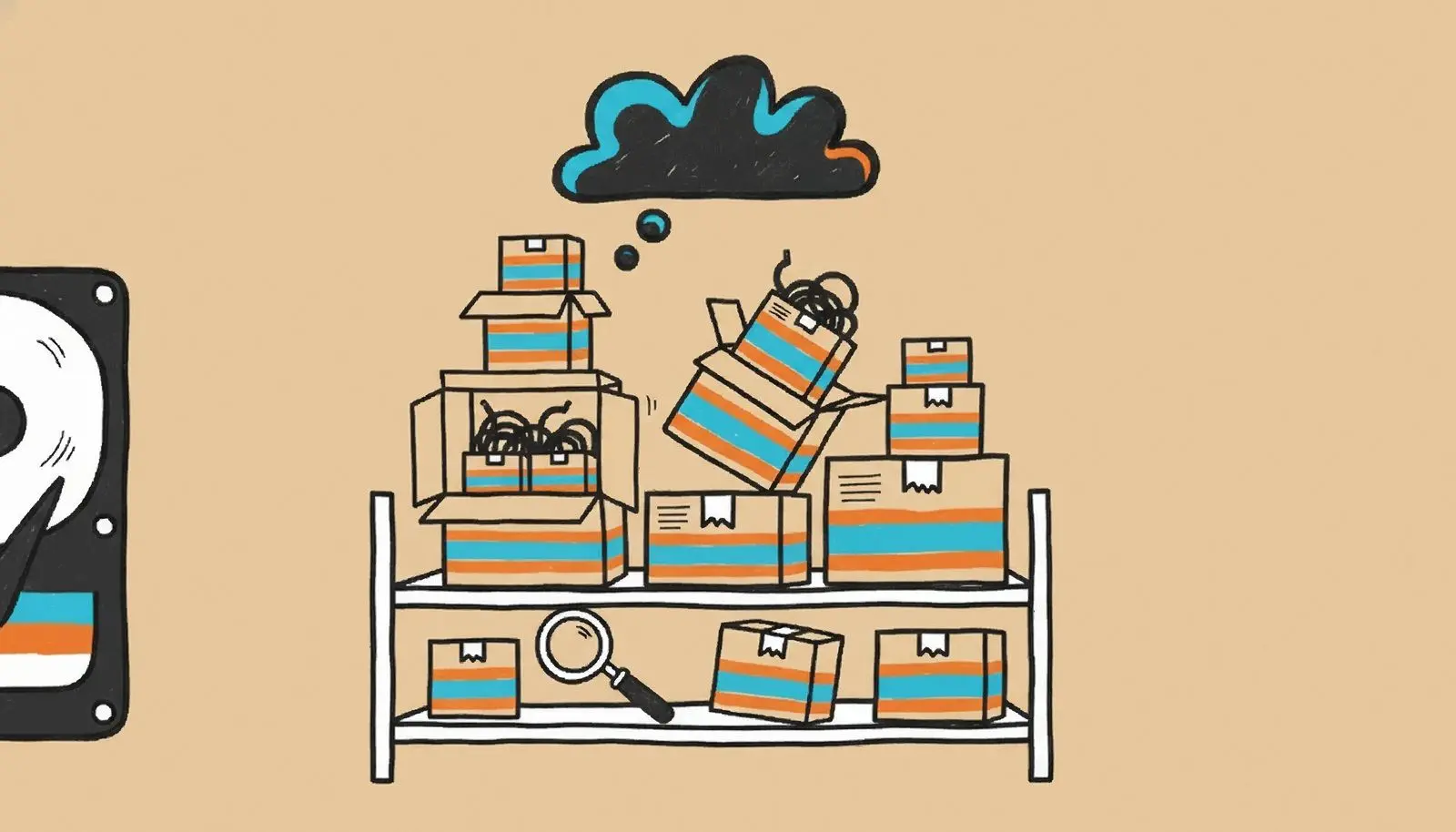 Archive boxes stacked by year.