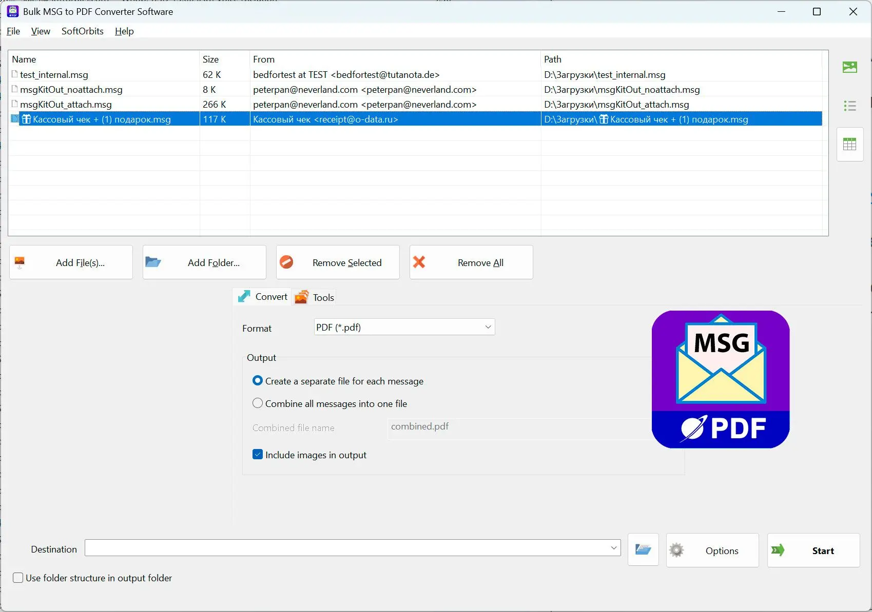 MSG to PDF Converter Software Screenshot.