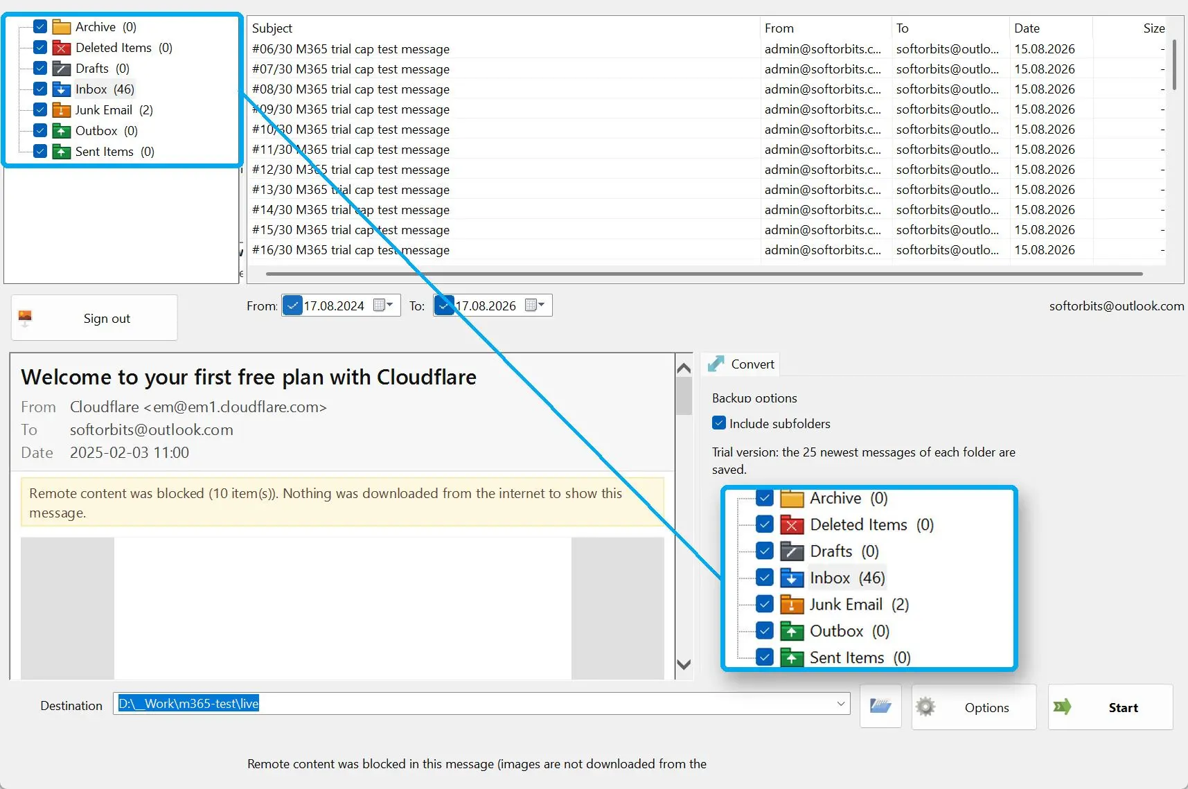 Pick folders and a date range.