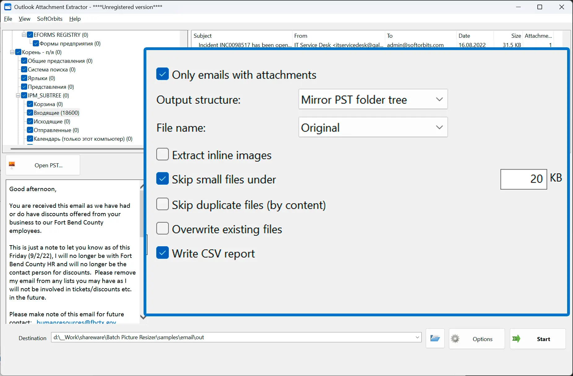 Set the extraction options.