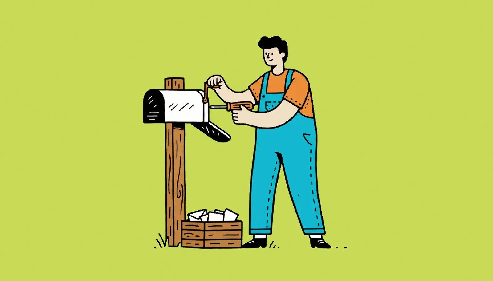 A mailbox being unscrewed from a fence post while letters wait in a crate.
