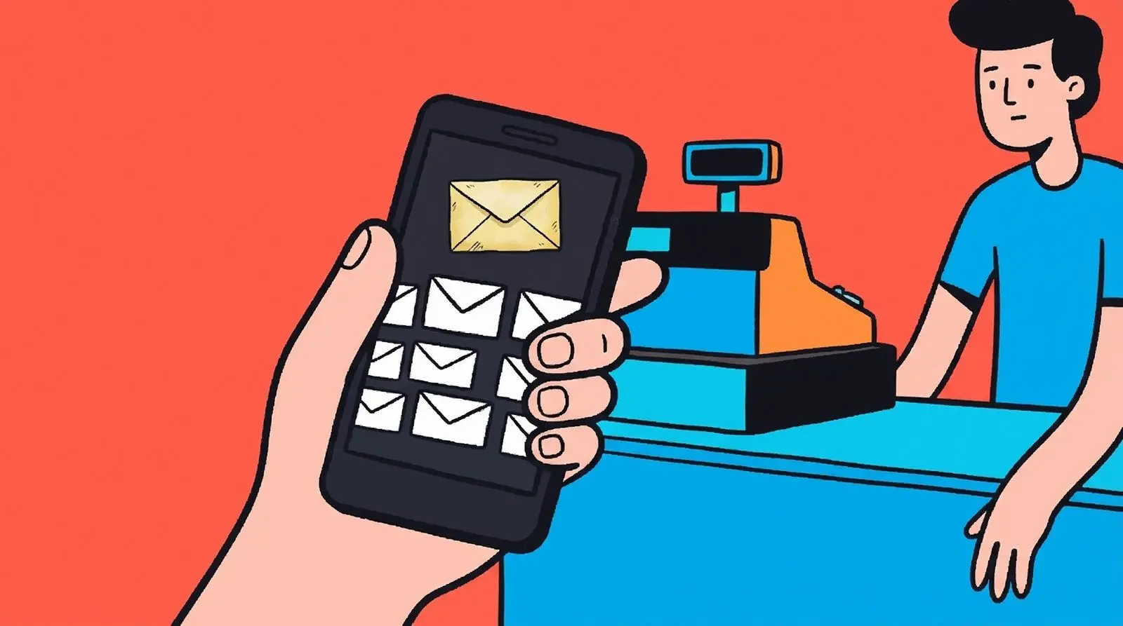 A phone on a shop counter showing an old envelope.