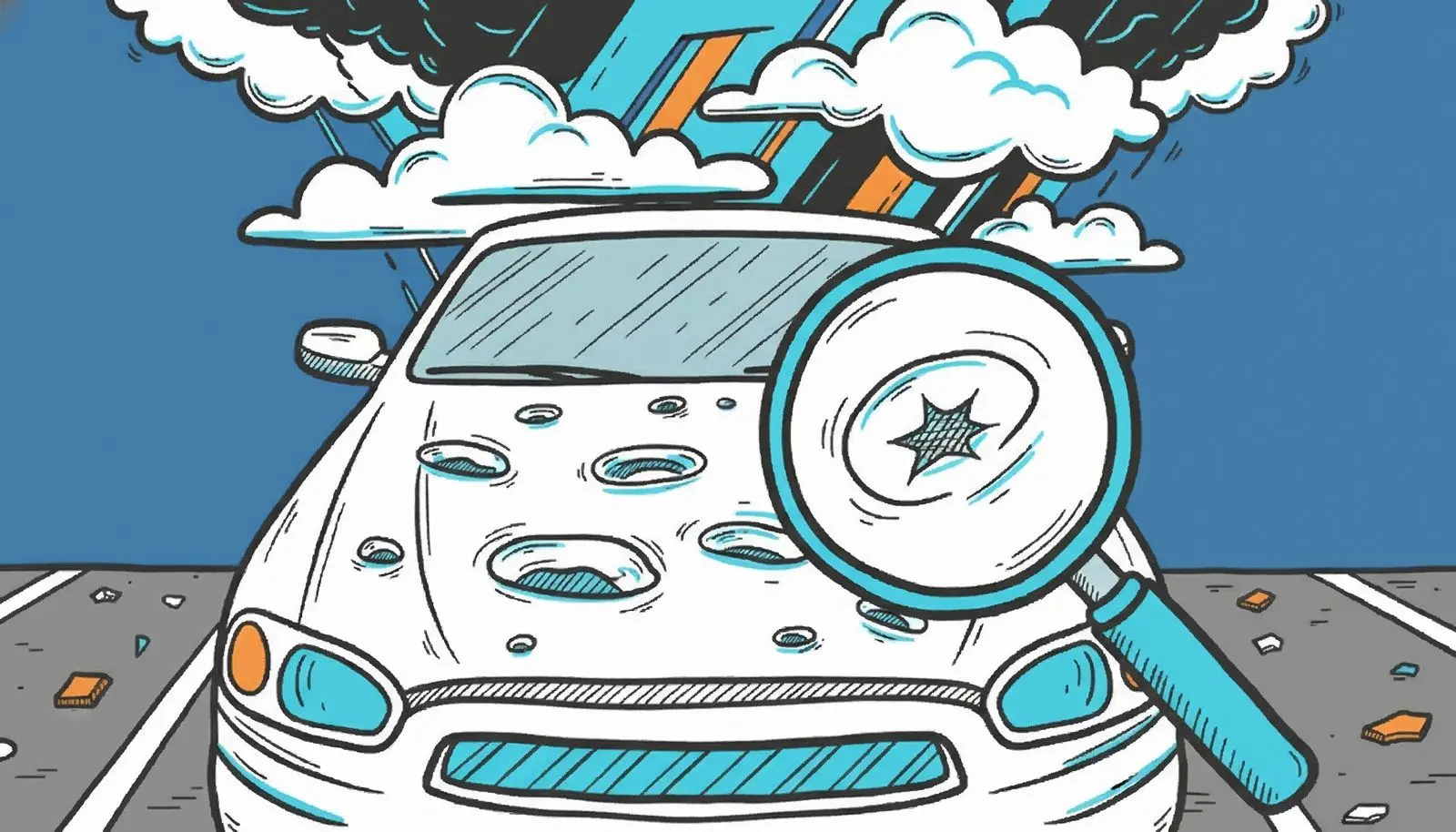 A car hood with hail dents photographed in a parking lot.
