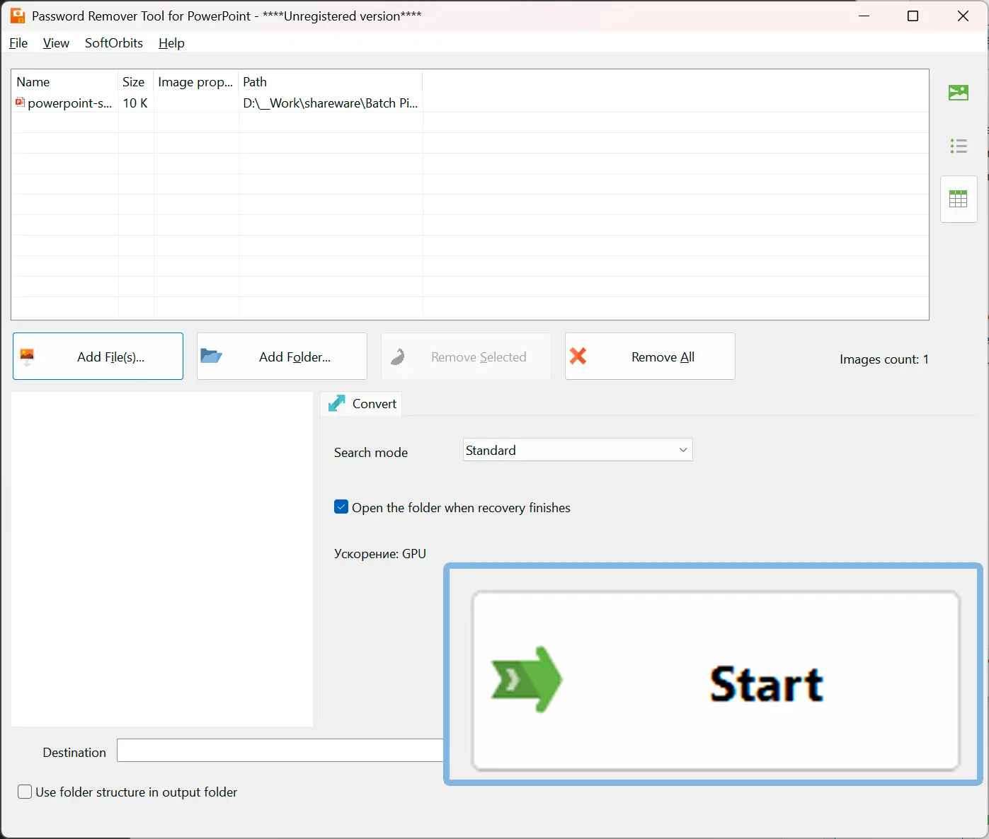 Choose a search depth and press Start.