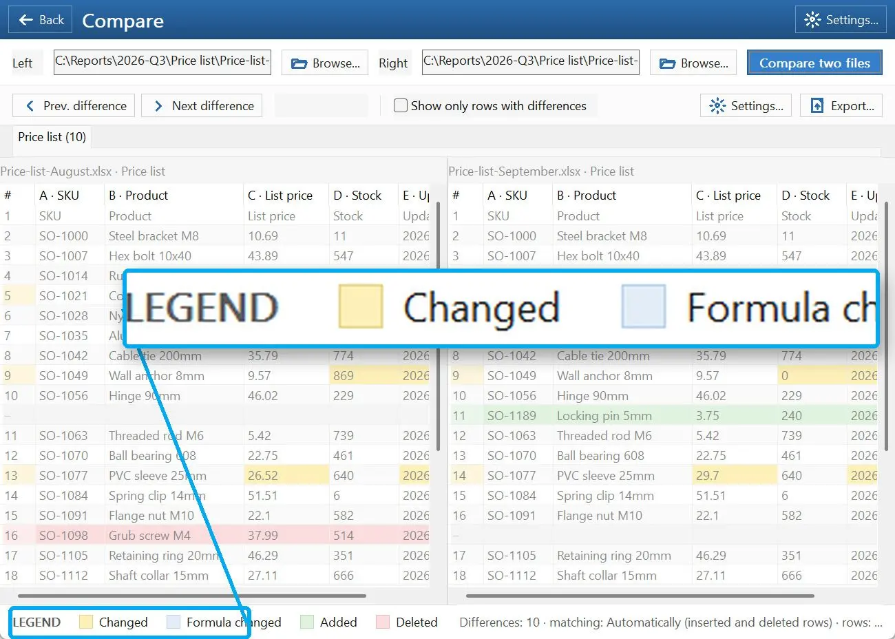 Compare two Excel workbooks.