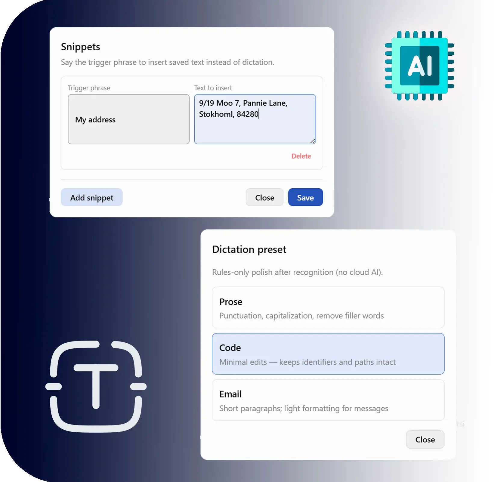 Dictionary, Snippets, and Presets.