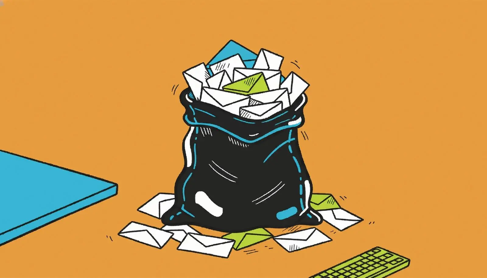 An overstuffed mail sack with envelopes spilling out of it.