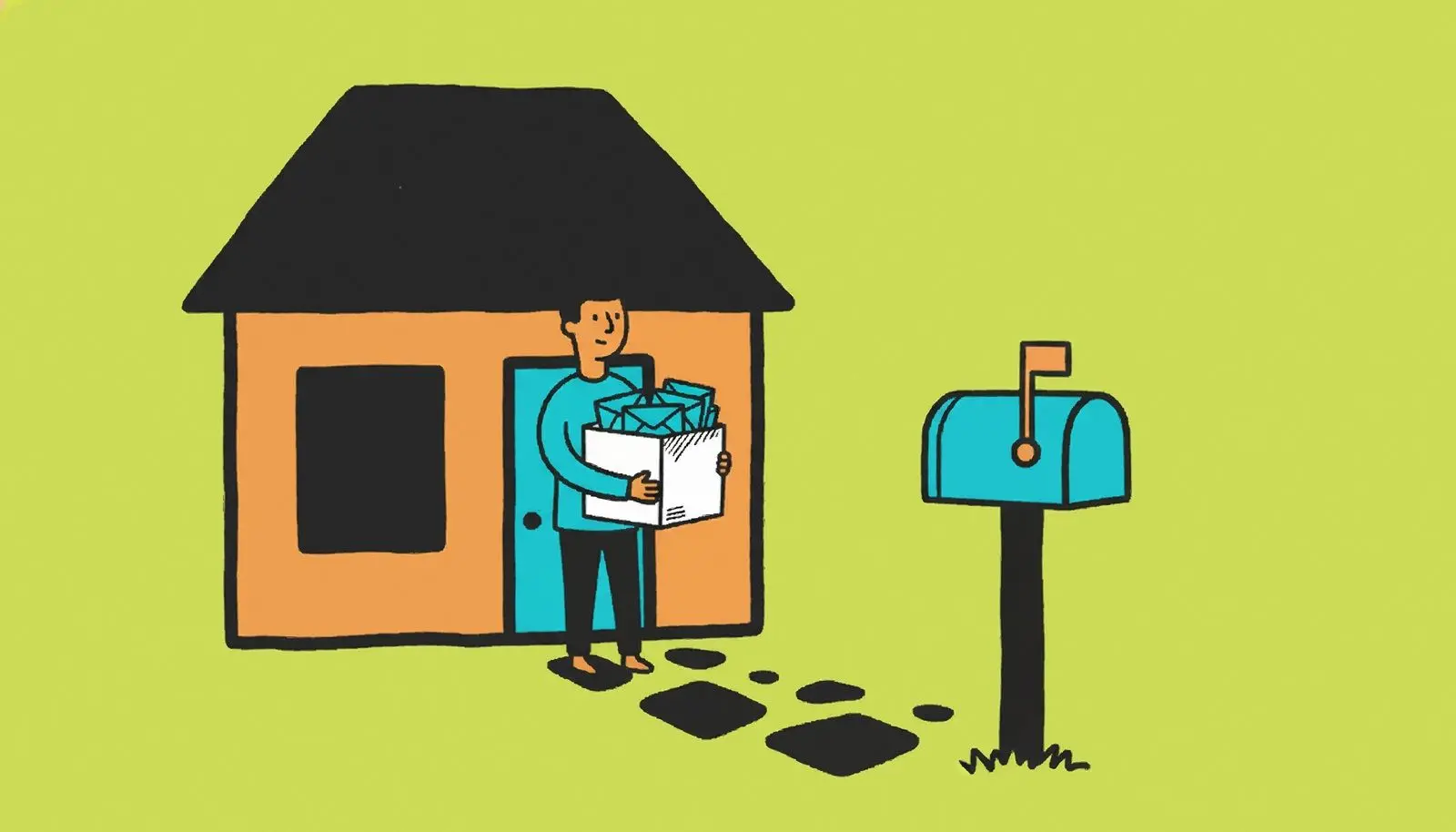 A person walking out of a house with a box of letters under the arm.