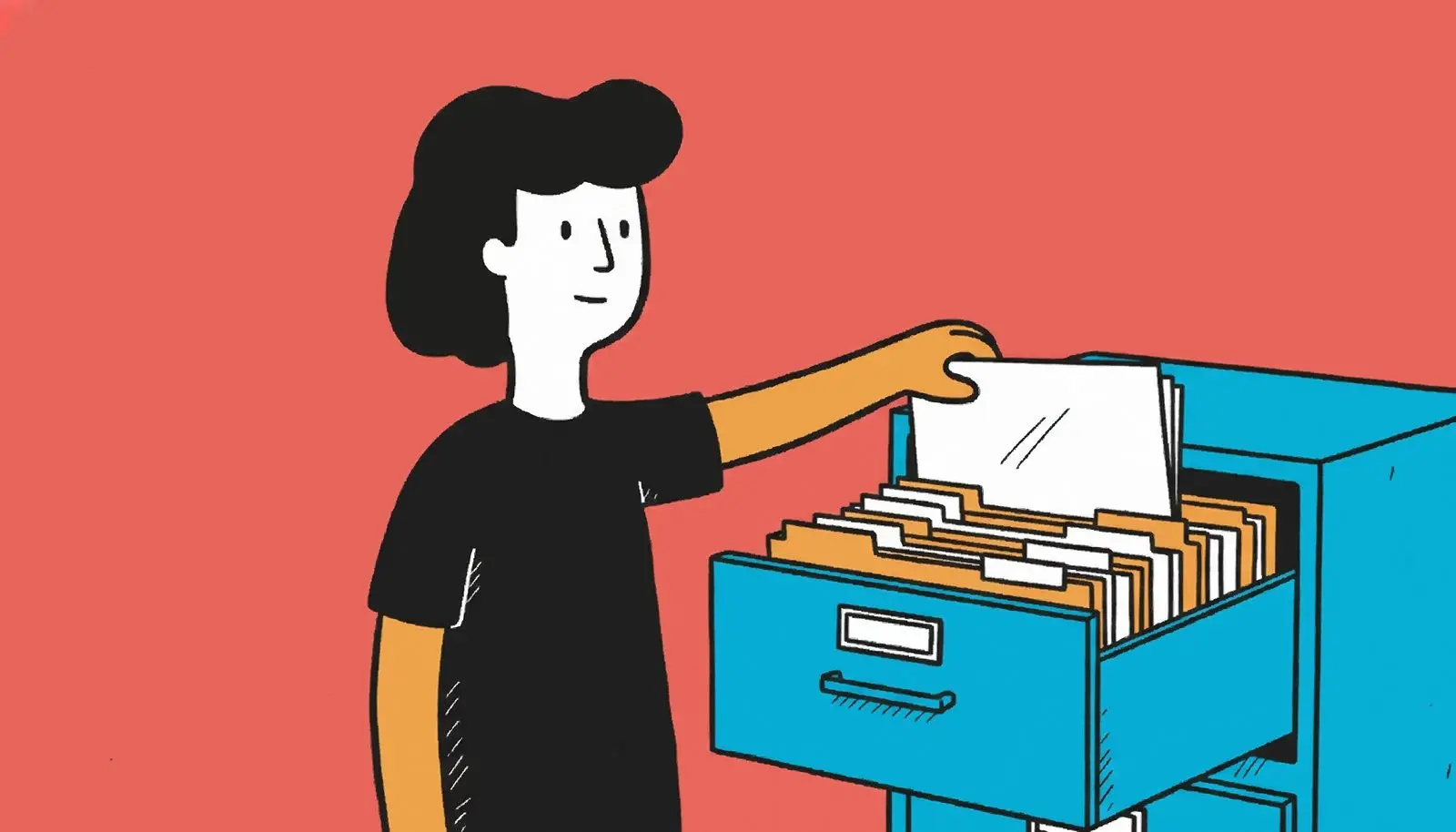 A single paper folder pulled from a full filing cabinet.